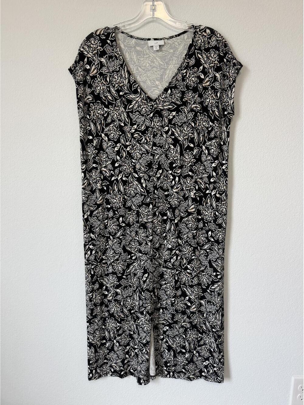 J. Jill V-Neck Split Front Black/Cream Floral Midi Dress Women's Size XS Petite